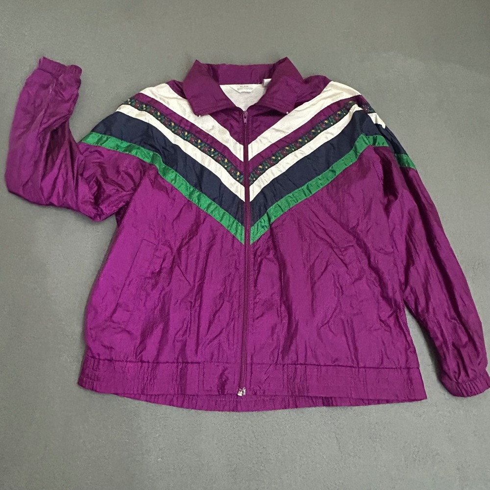Blair Boutique Windbreaker Women L Purple Vintage Chevron Floral Nylon Jacket